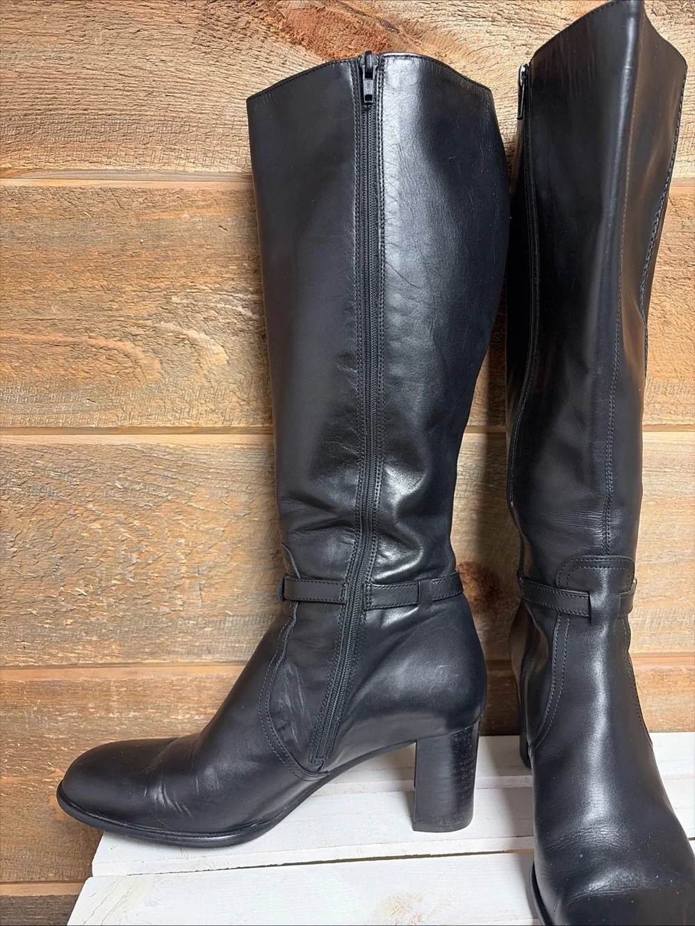 J.Crew Leather Knee High Boots 9 Black Heeled Made Italy Slim Calf Vero Cuoio